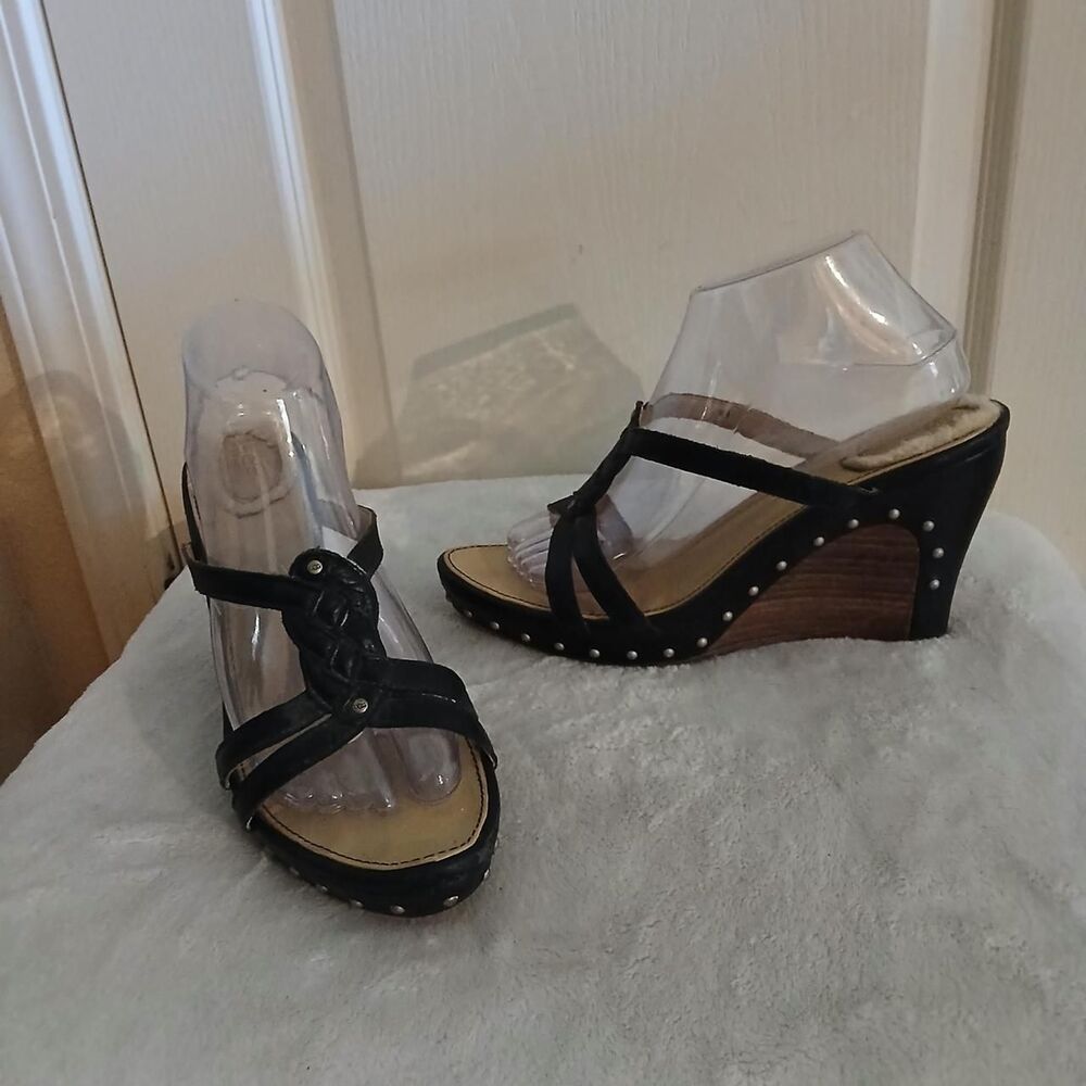 UGG Lourdes Studded Braided Black Leather Platform Wooden Wedge Sandals 9 Edgy
